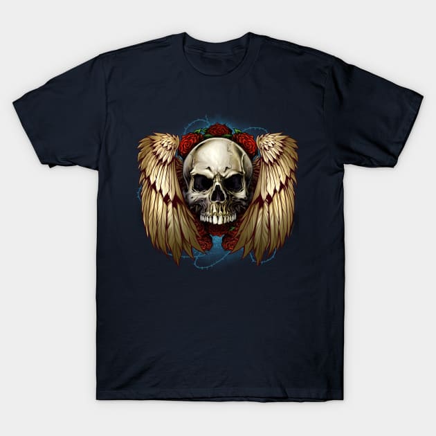 Skull wings with roses T-Shirt by FlylandDesigns